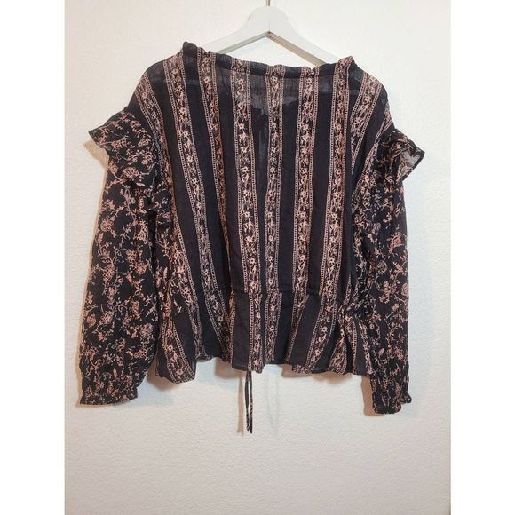 Free People Floral Peplum Blouse Ruffled Sleeves Size XS TP Black Tan - Picture 4 of 5